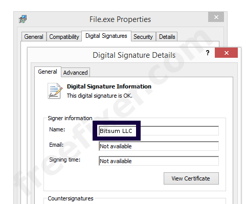Screenshot of the Bitsum LLC certificate